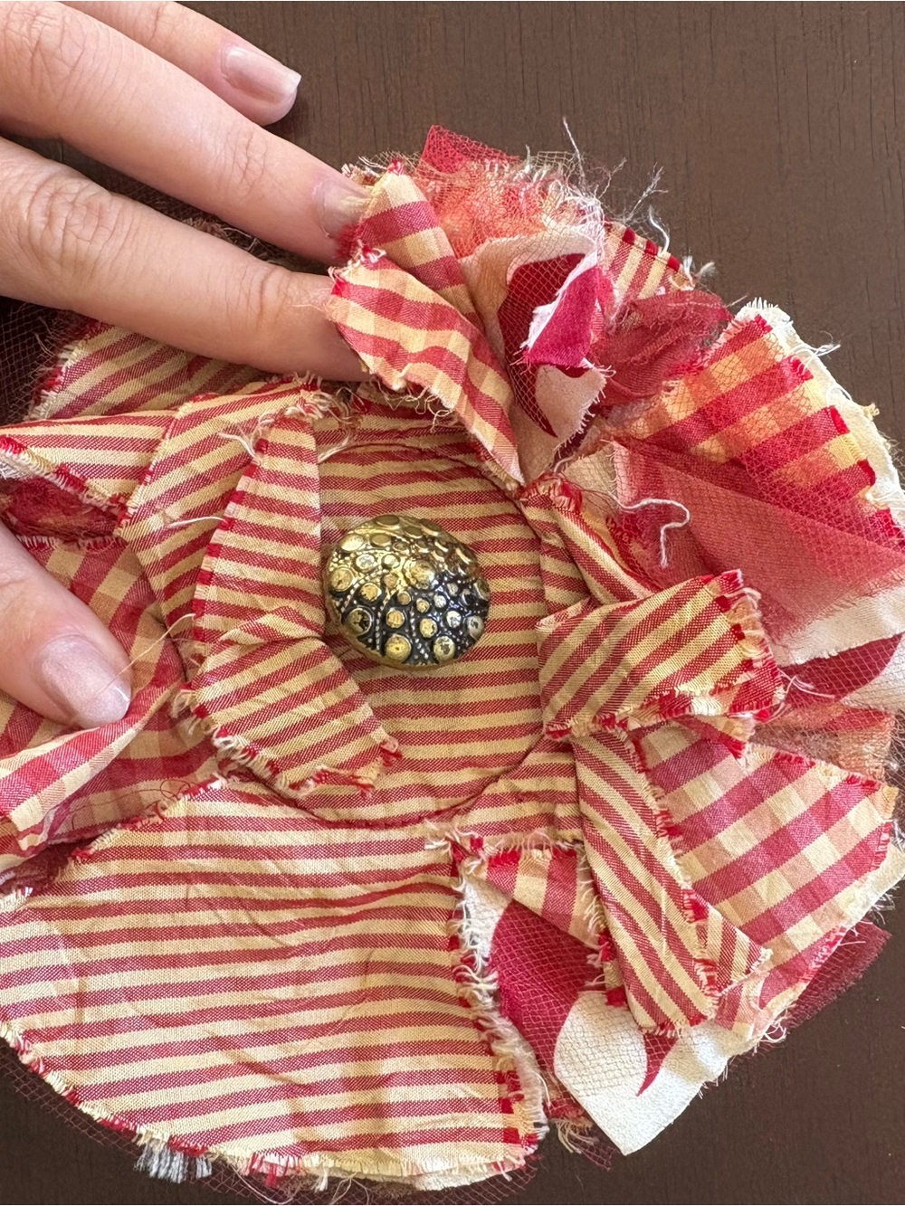 Red & Cream Striped Fabric Flower Brooch with Decorative Gold Button